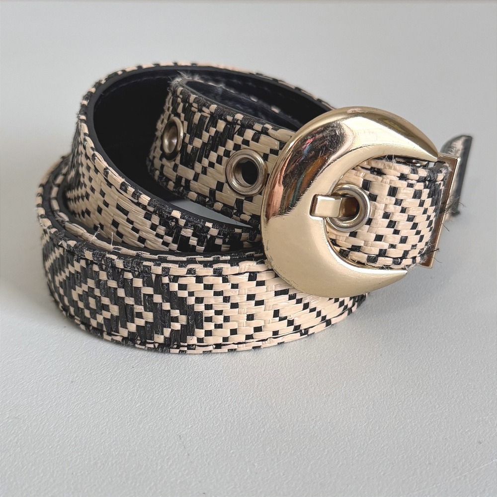 Libby Edelman Woven Black Cream Geometric Belt Gold Horseshoe Buckle 41 Inch